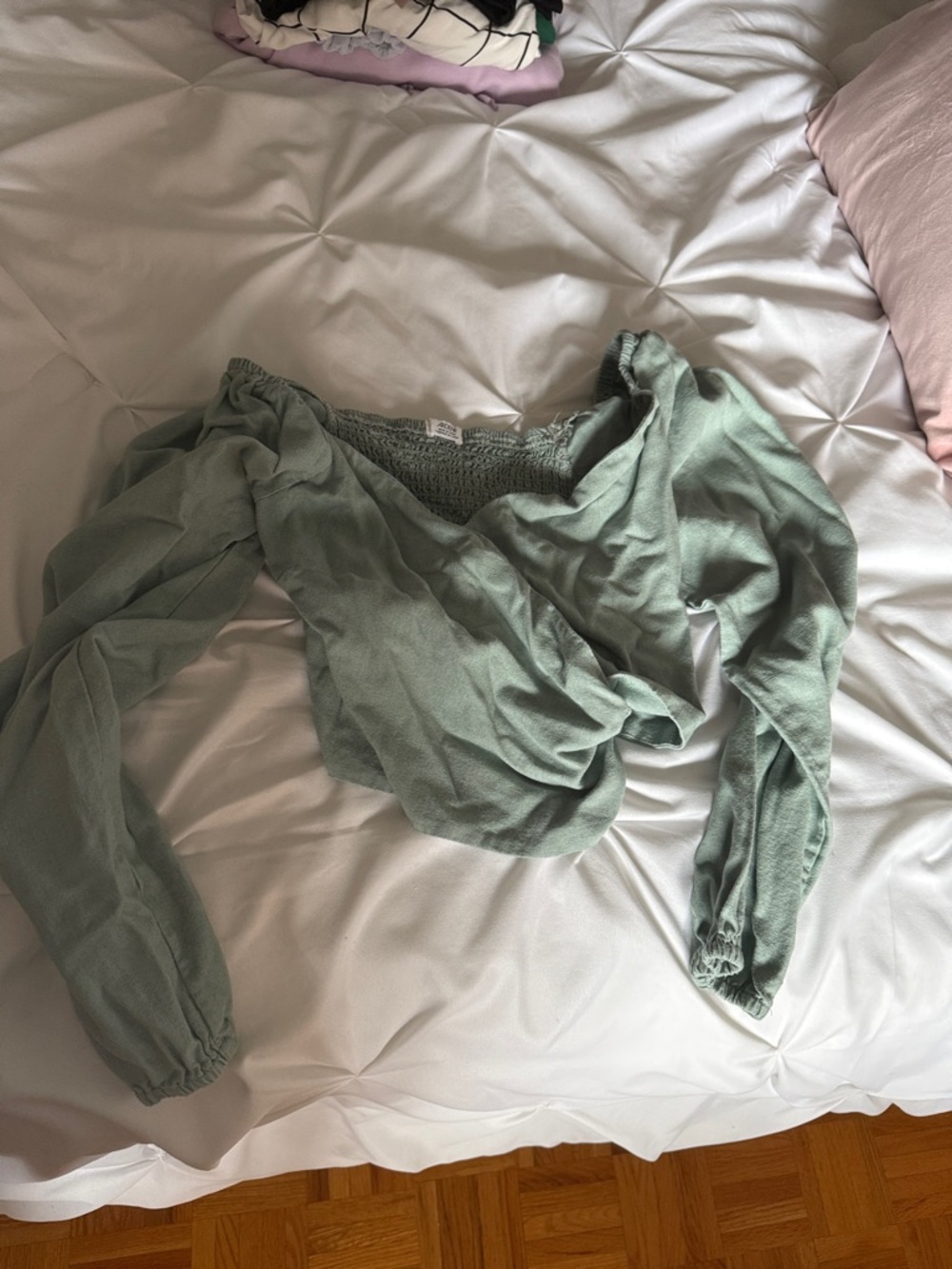 Ardene Sage Green Long Sleeve Smocked Crop Top